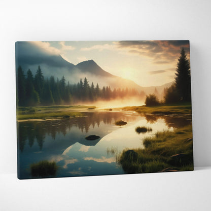 Canvas print of serene mountains lake at dreamy sunset golden hour