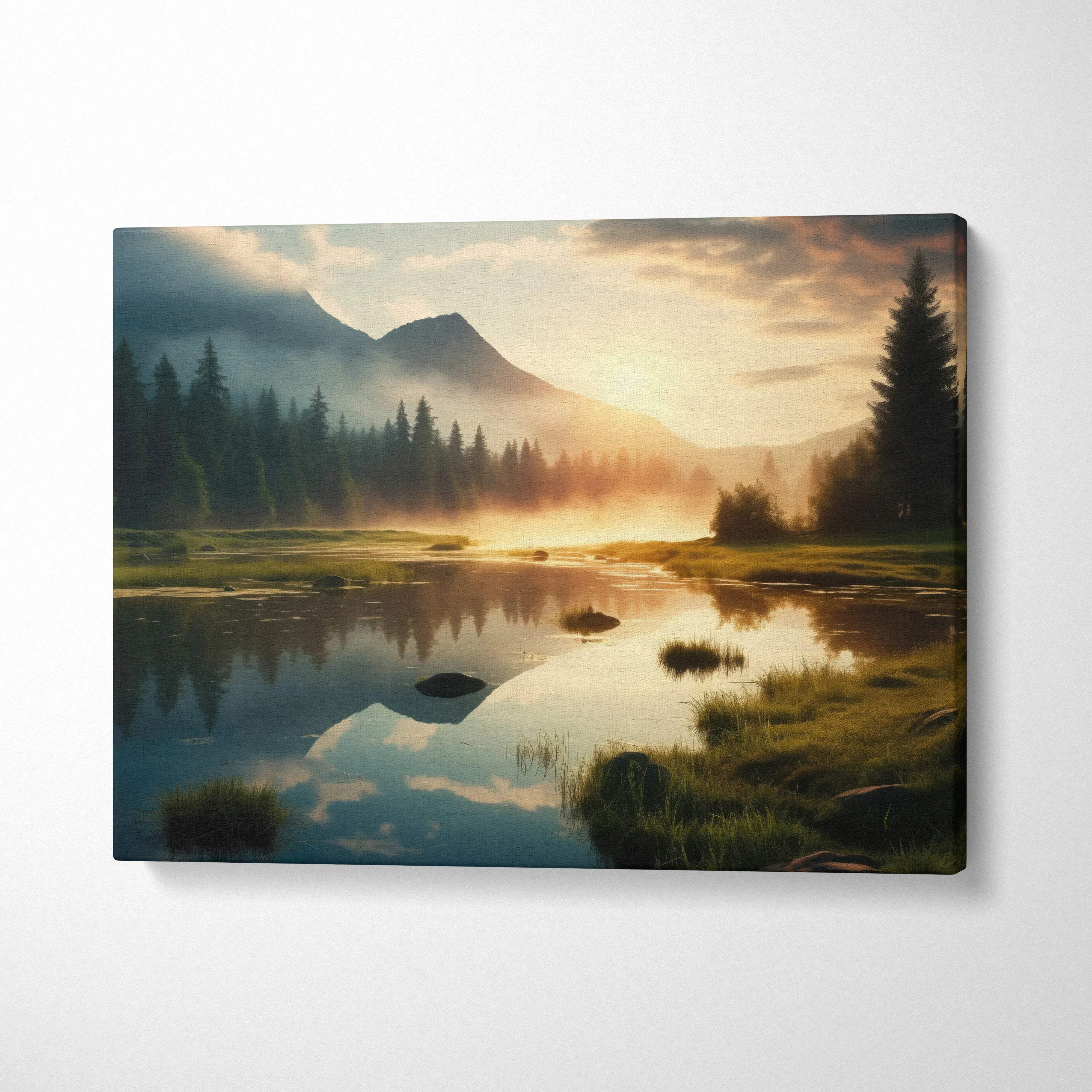 Canvas print of dreamy mountains and lake at golden hour sunset