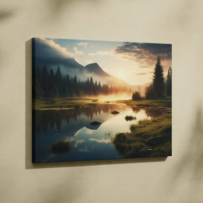 Canvas wall art of dreamy golden hour mountains and lake sunset