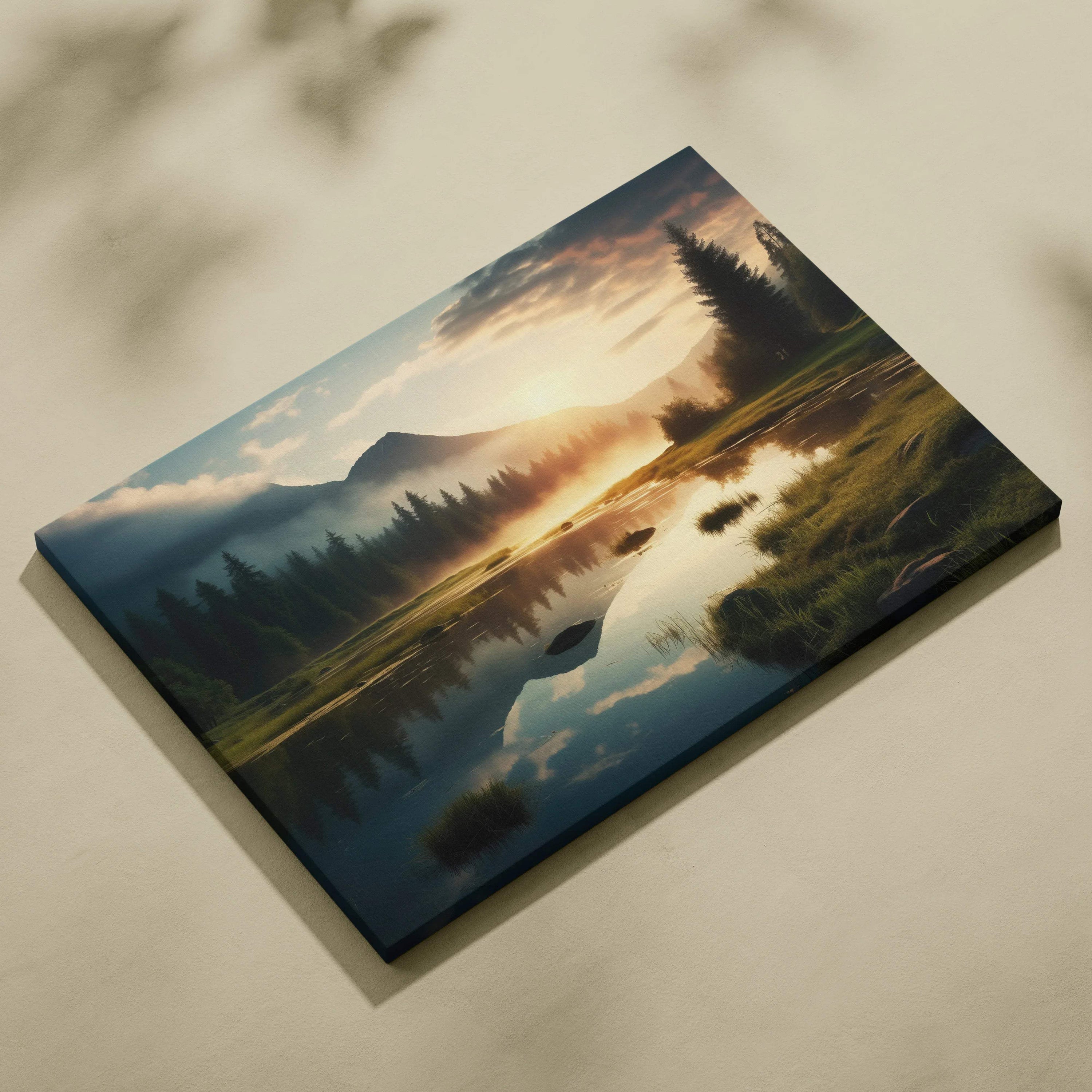 Canvas wall art of serene mountain lake at dreamy sunset golden hour