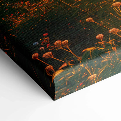 Close-up of canvas wall art showing detailed forest plants in warm golden sunset hues for nature decor.