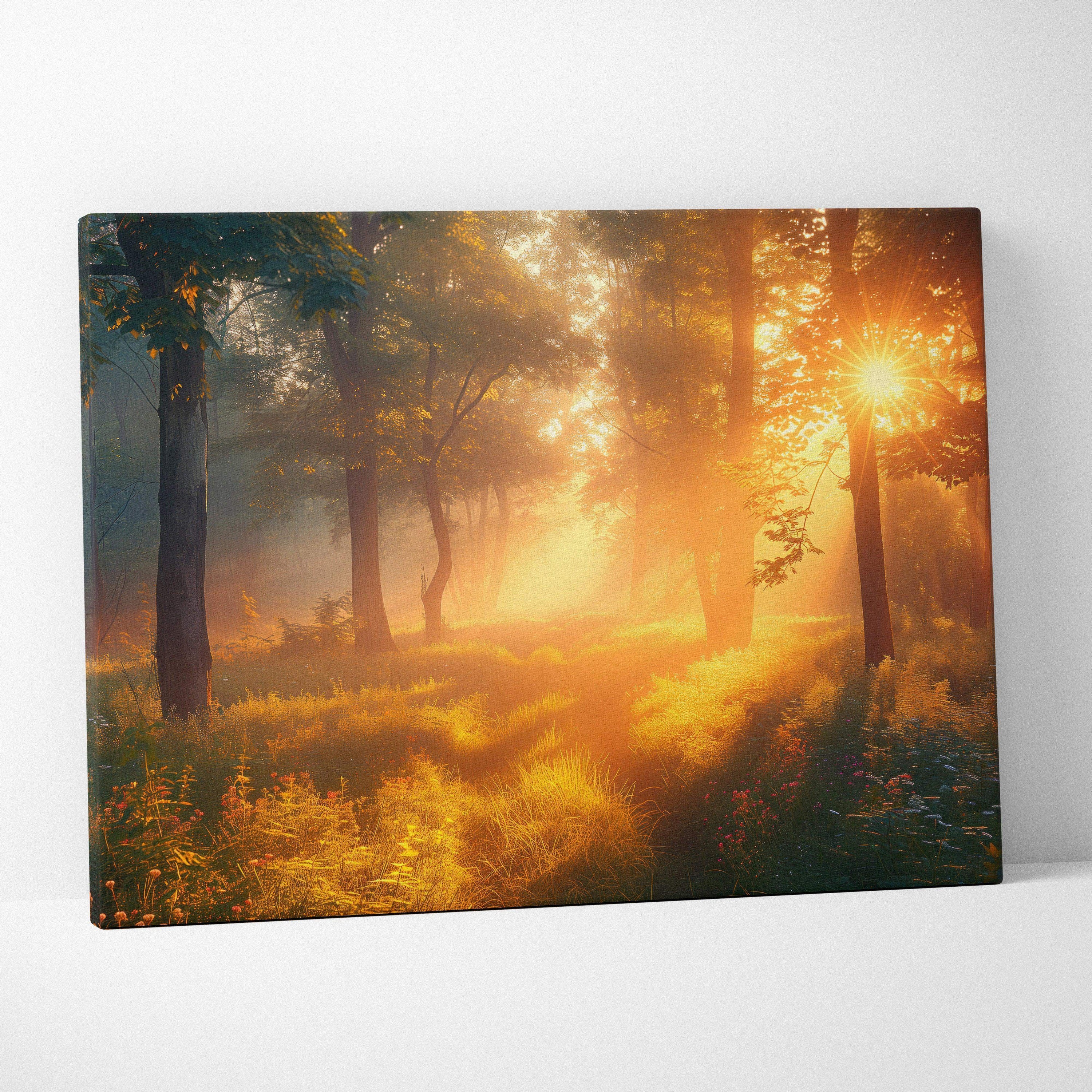 Canvas wall art featuring a forest at sunset with golden light filtering through majestic trees, warm natural decor.