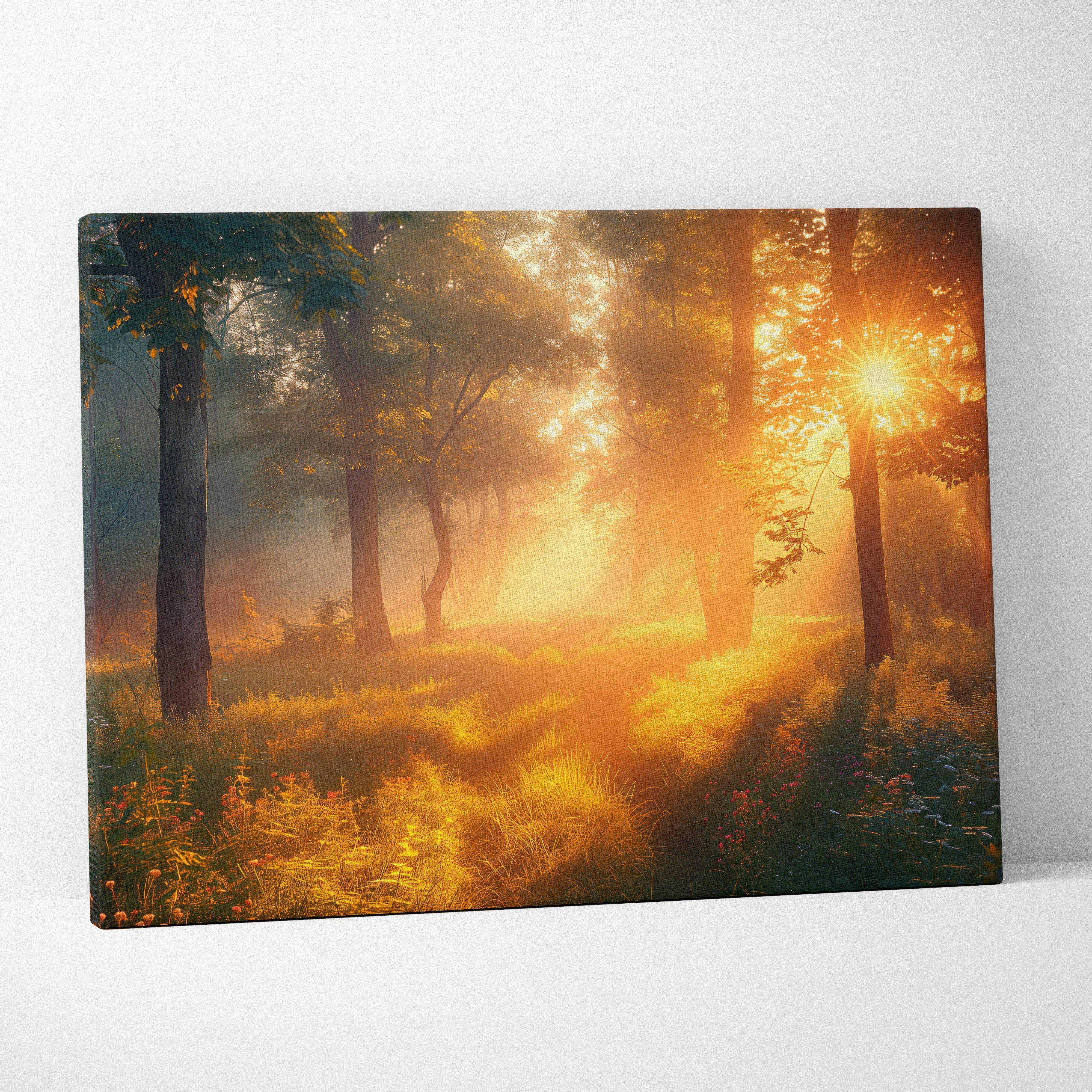 Rectangular canvas wall art of misty forest with golden sunlight through tall trees in warm sunrise glow