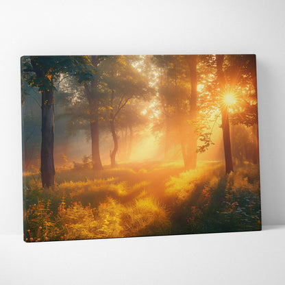 Canvas wall art featuring a forest at sunset with golden light filtering through majestic trees, warm natural decor.