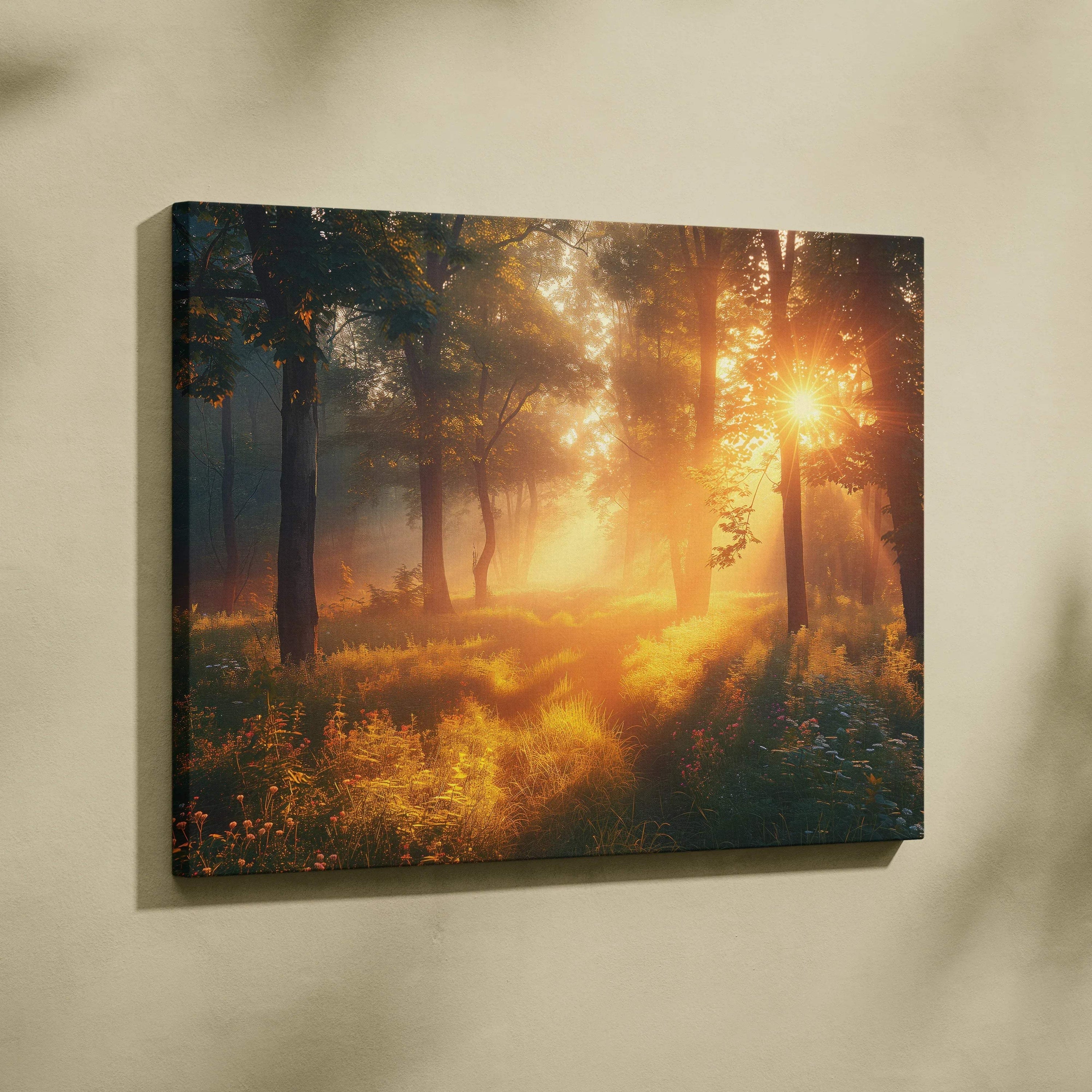 Forest sunset canvas wall art with golden light filtering through tall trees, warm nature decor.