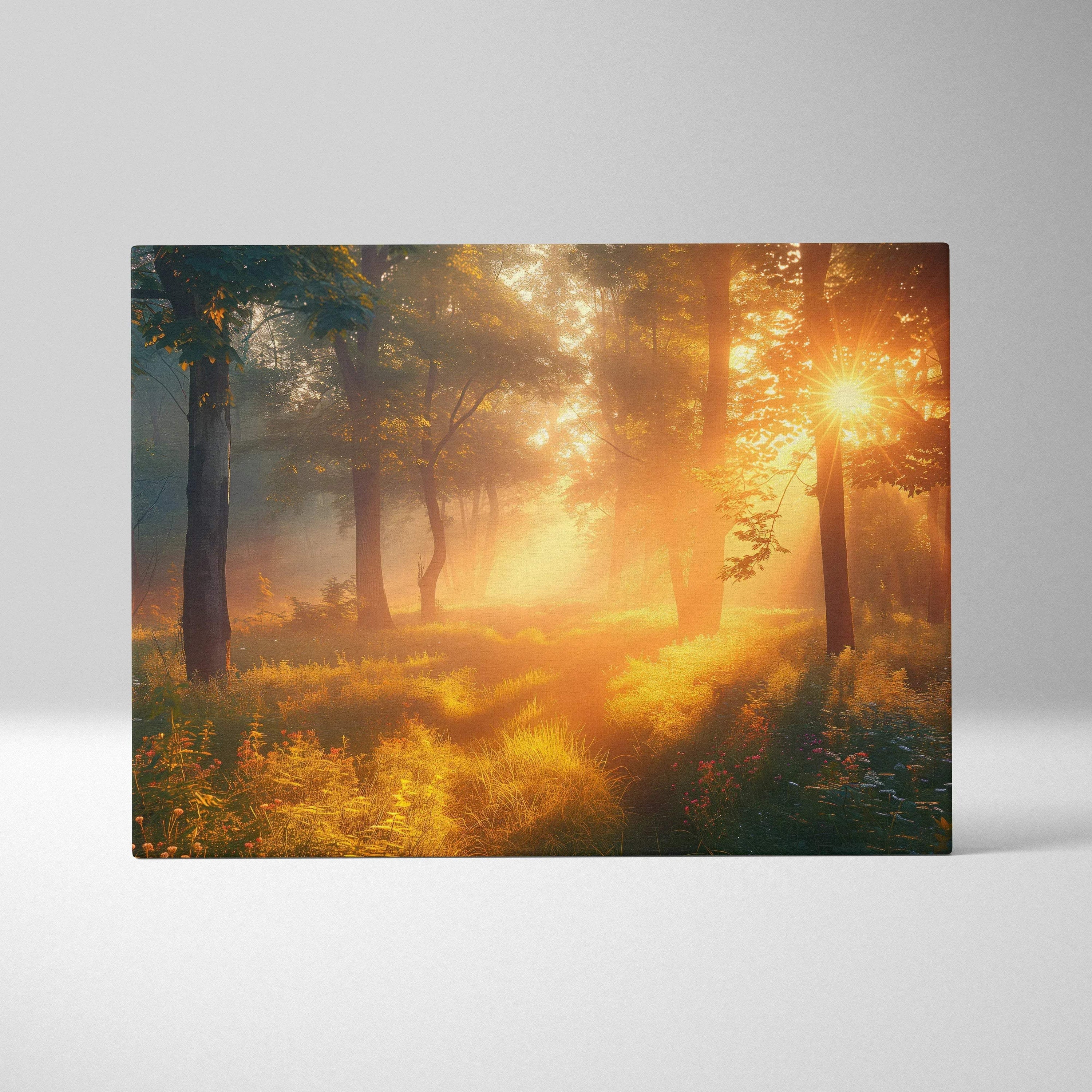 Canvas wall art featuring a forest at sunset with golden light filtering through majestic trees, warm decor art.