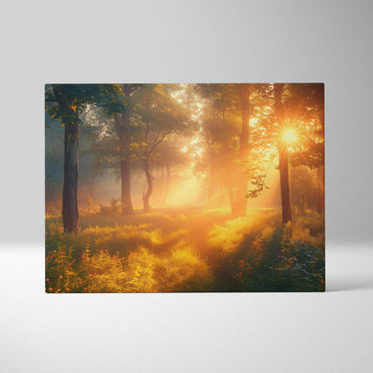 Canvas wall art featuring a forest at sunset with golden light filtering through majestic trees, warm decor art.