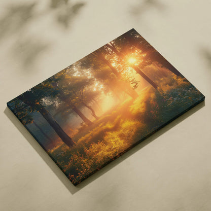 Forest sunset canvas wall art featuring golden light beams through tall trees, warm nature decor.