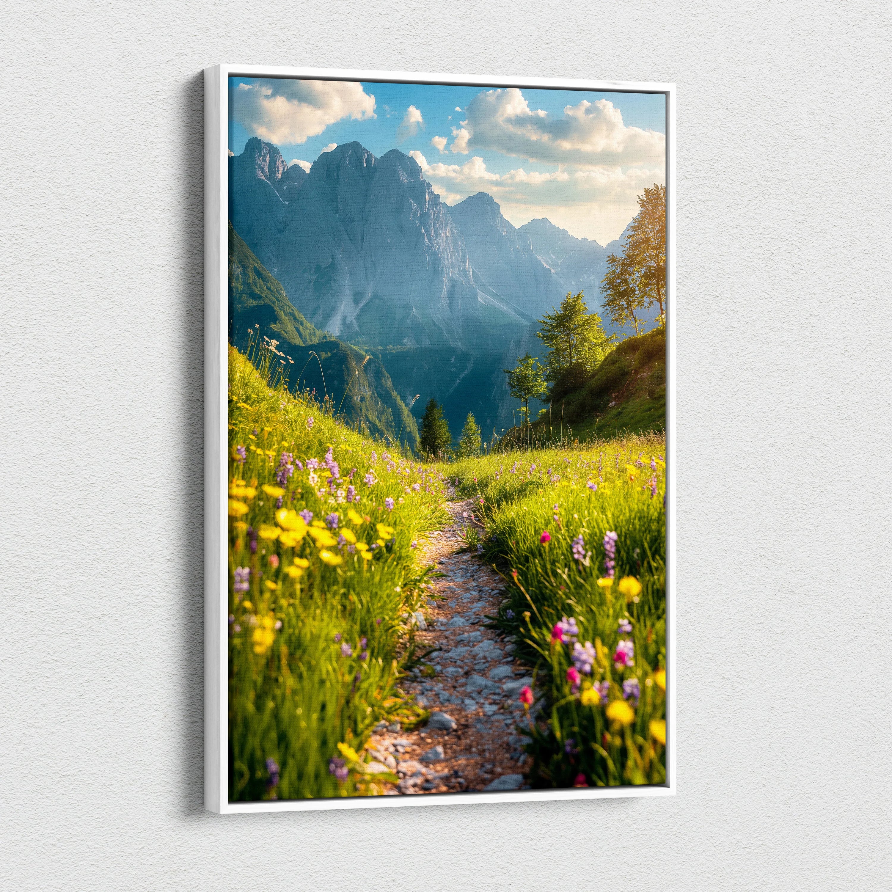 Stunning High-Resolution Nature Wall Art with Floral Path and Majestic Mountains