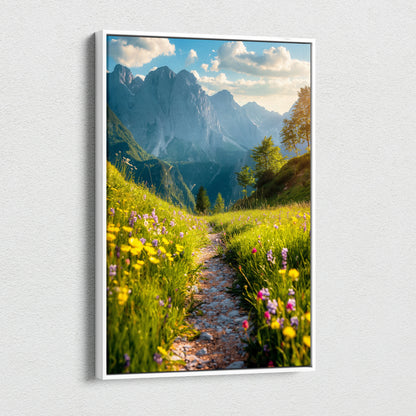 Stunning High-Resolution Nature Wall Art with Floral Path and Majestic Mountains