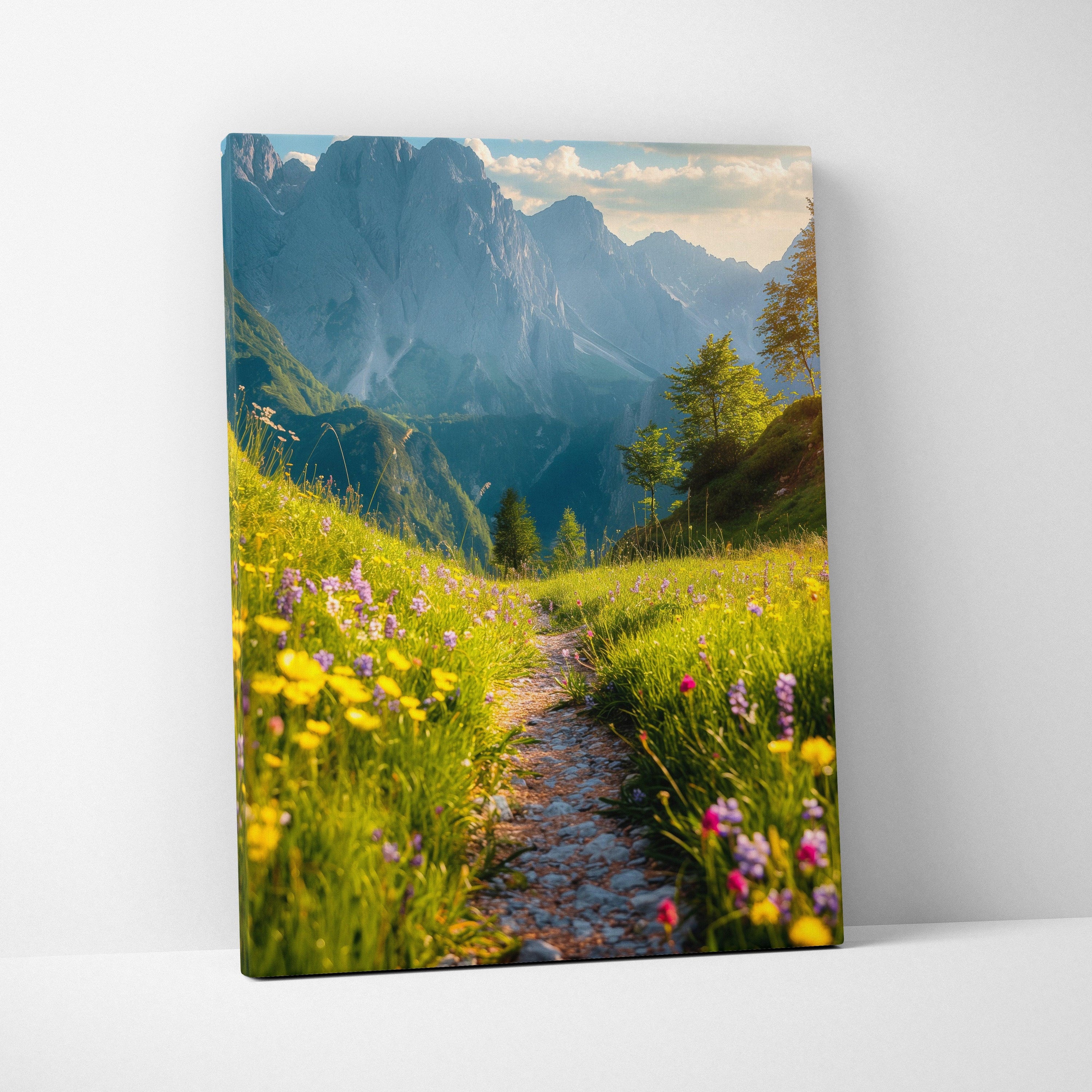 Stunning High-Resolution Nature Wall Art with Floral Path and Majestic Mountains