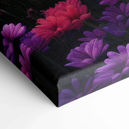 Vibrant canvas wall art of blooming flowers, floral sunset over mountains in warm red purple tones on black textured canvas