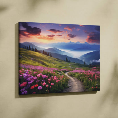 Canvas print of mountain sunset with pink wildflowers path and warm tones