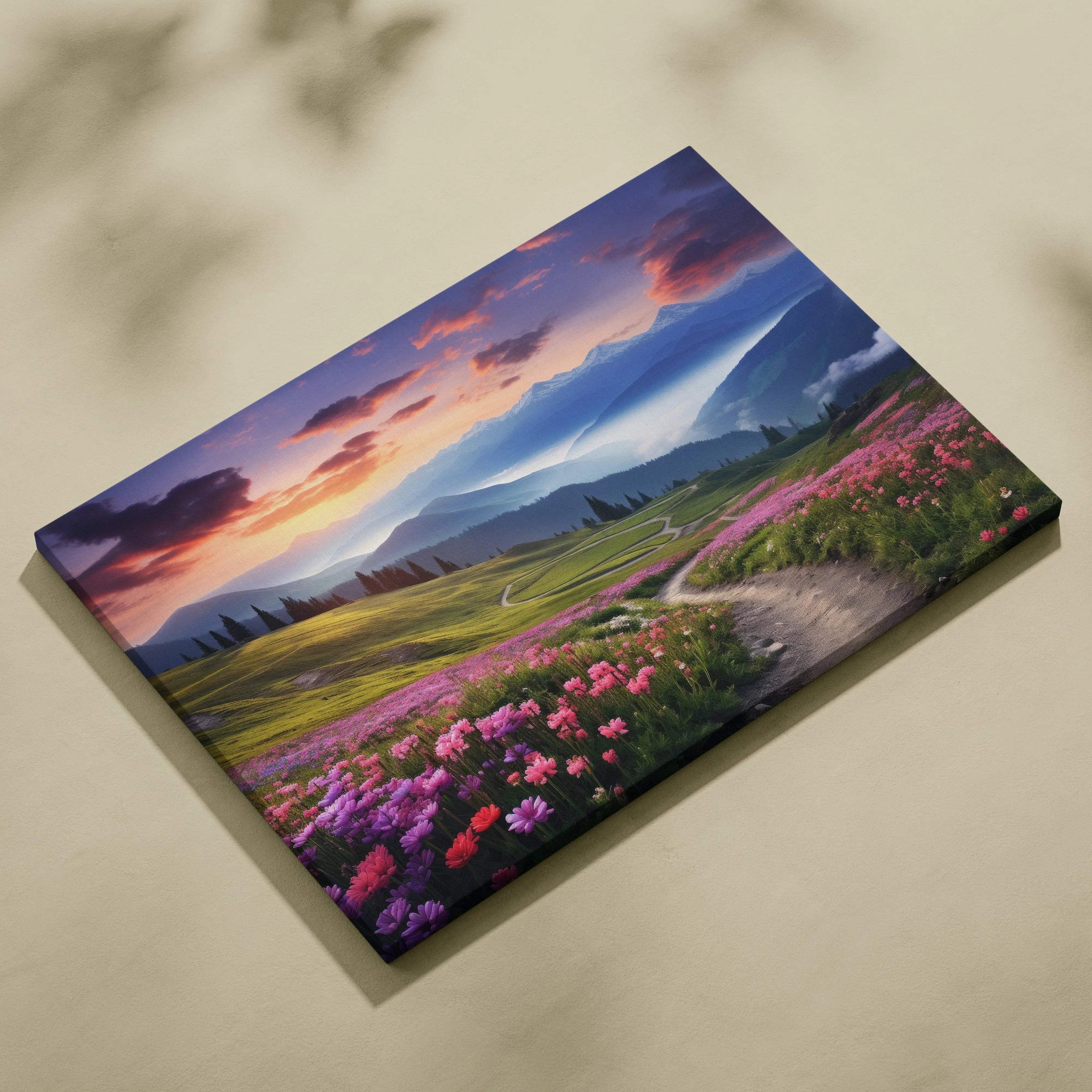 Canvas wall art of mountain valley sunset with blooming flowers