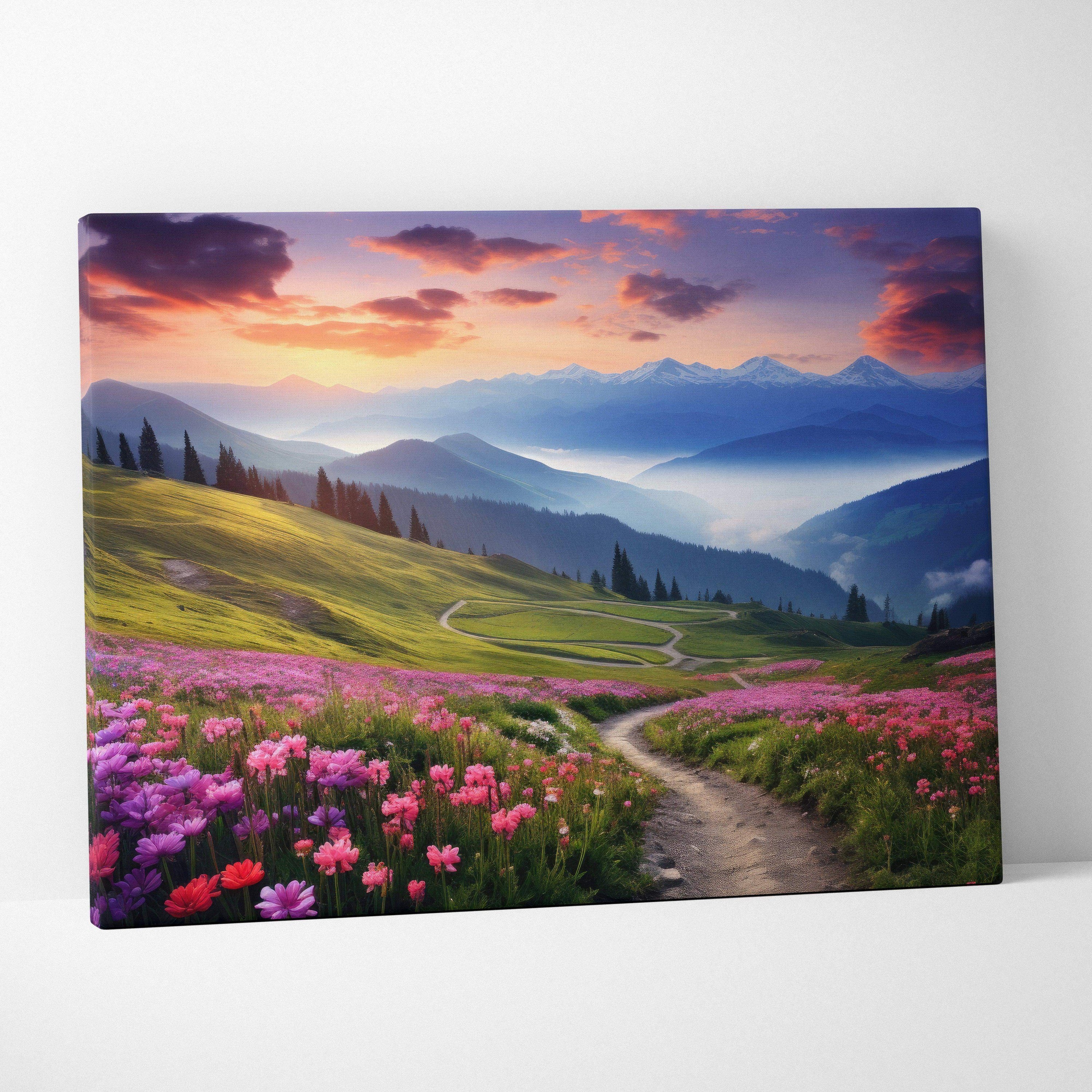 Canvas wall art of winding path through pink purple flowers to sunset mountains