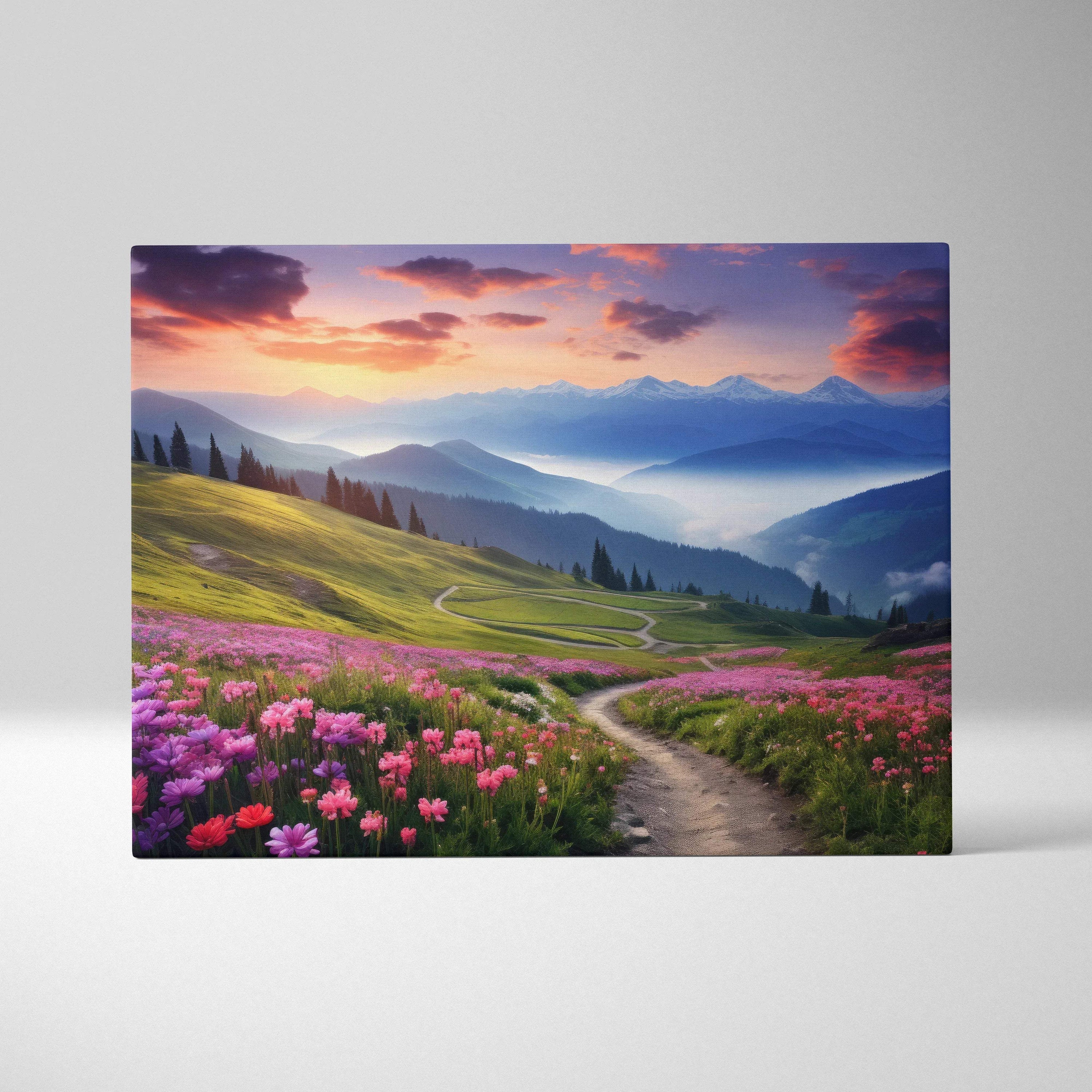 Vibrant canvas wall art of floral sunset over mountain range