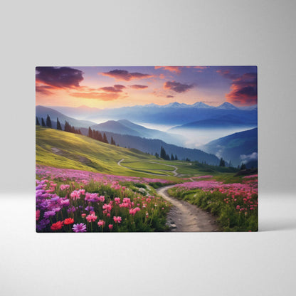 Vibrant canvas wall art of floral sunset over mountain range