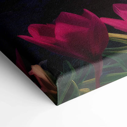 Vibrant magenta tulips on textured black canvas with sunset mountain landscape