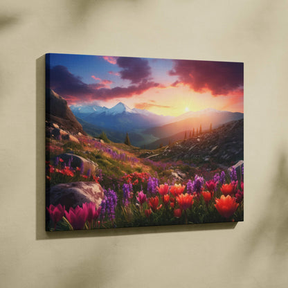 Canvas wall art of sunset over majestic mountains with blooming flowers