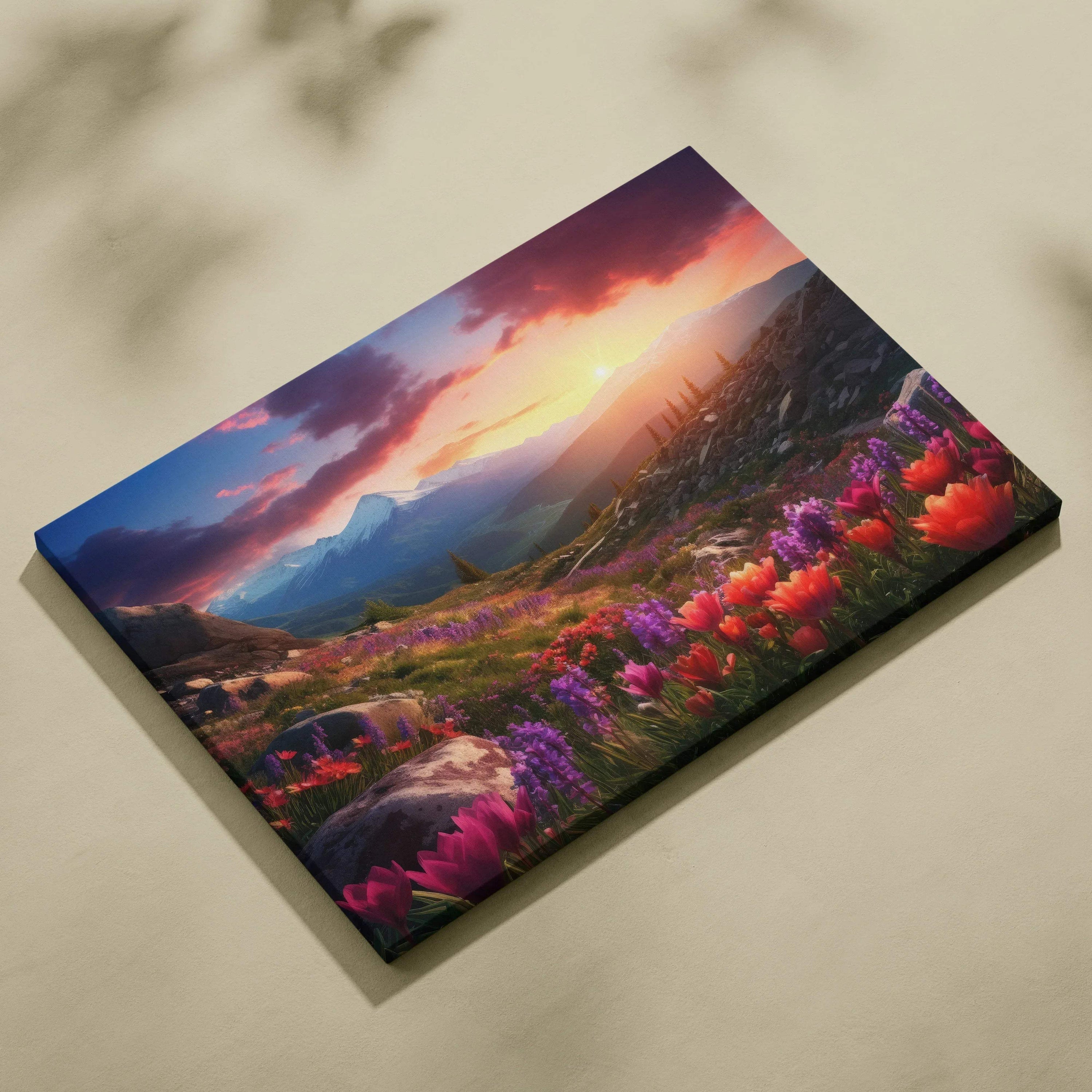Canvas wall art of sunset over majestic mountains with blooming flowers