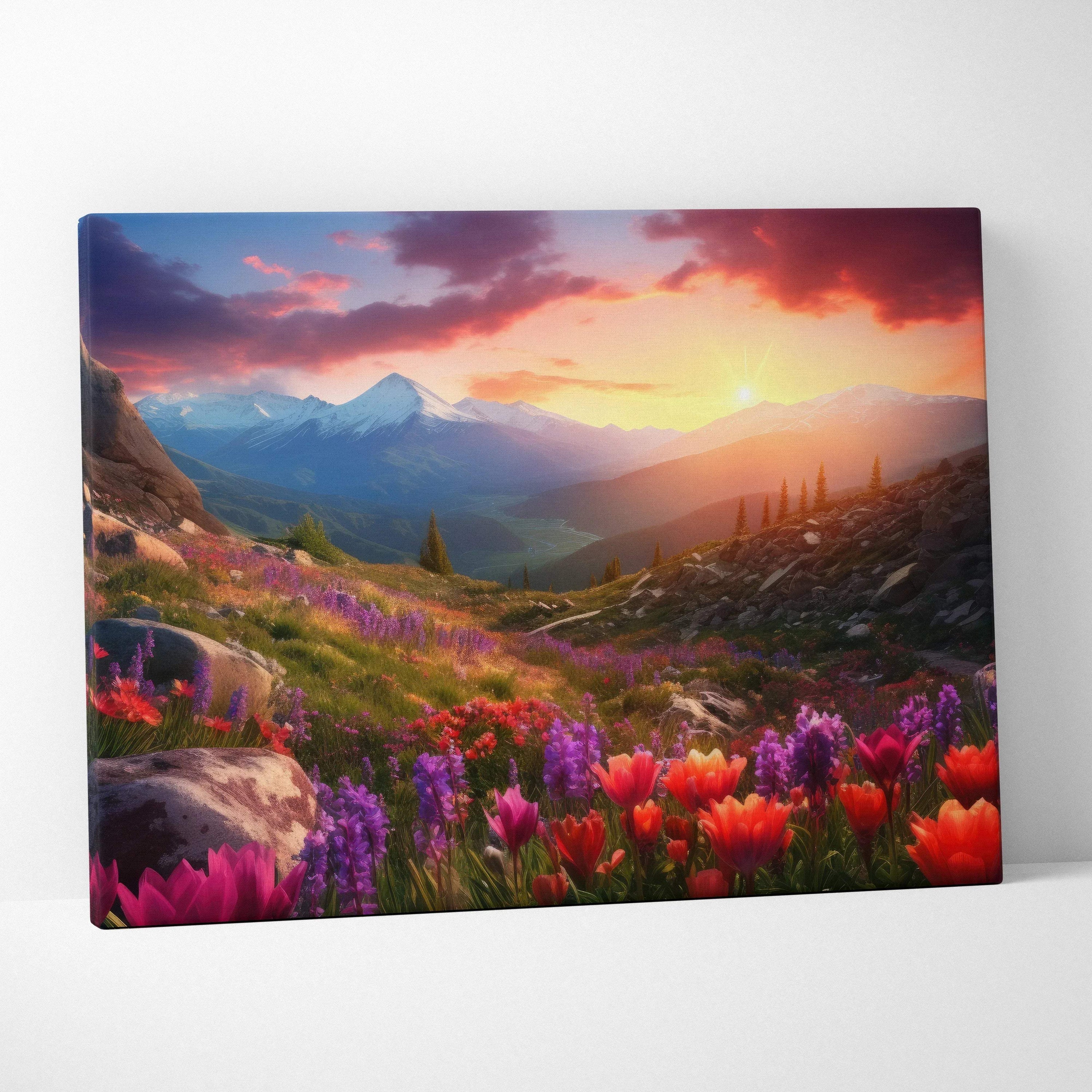 Vibrant canvas wall art of sunset over majestic mountains with blooming wildflowers