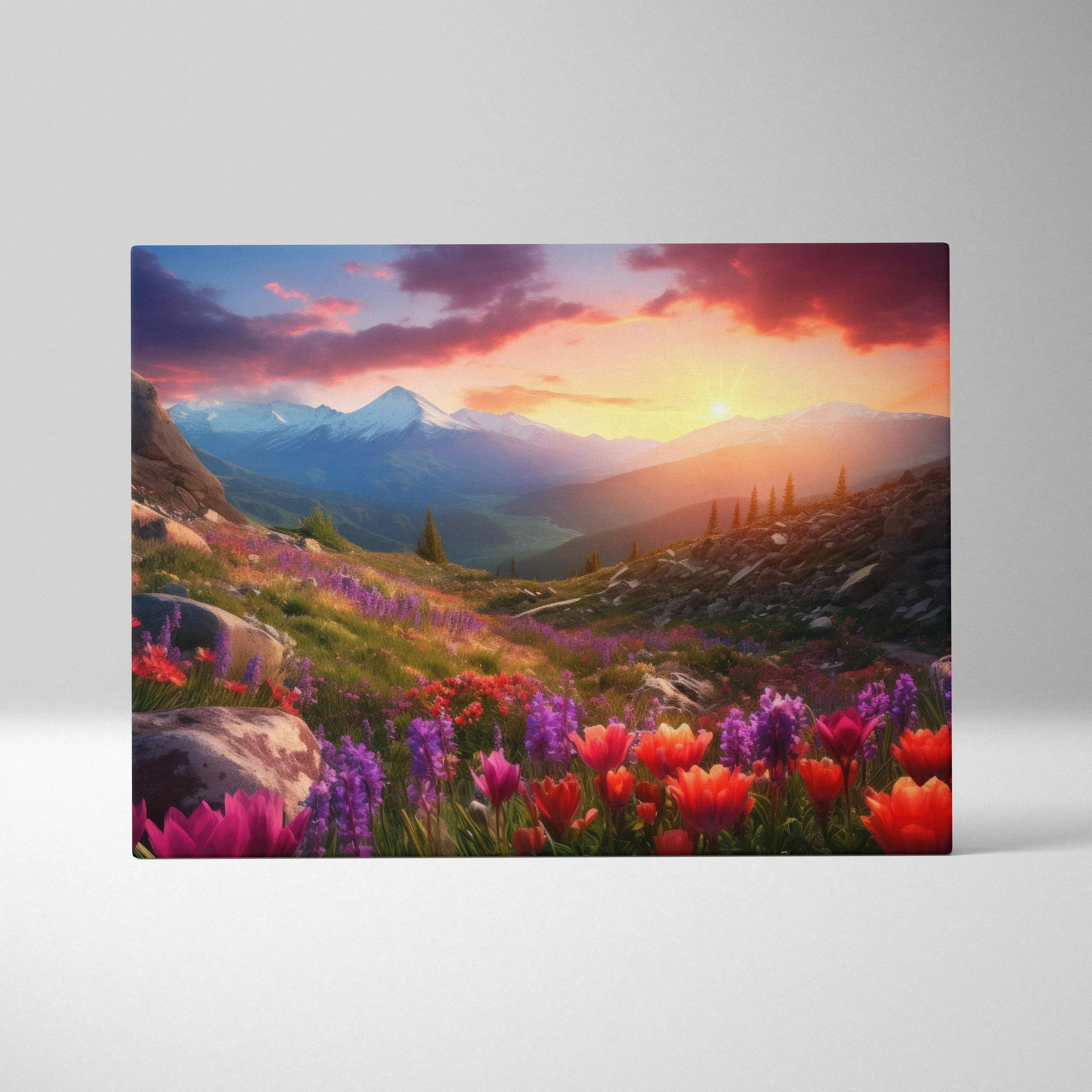 Vibrant canvas wall art of sunset over majestic mountains with blooming flowers
