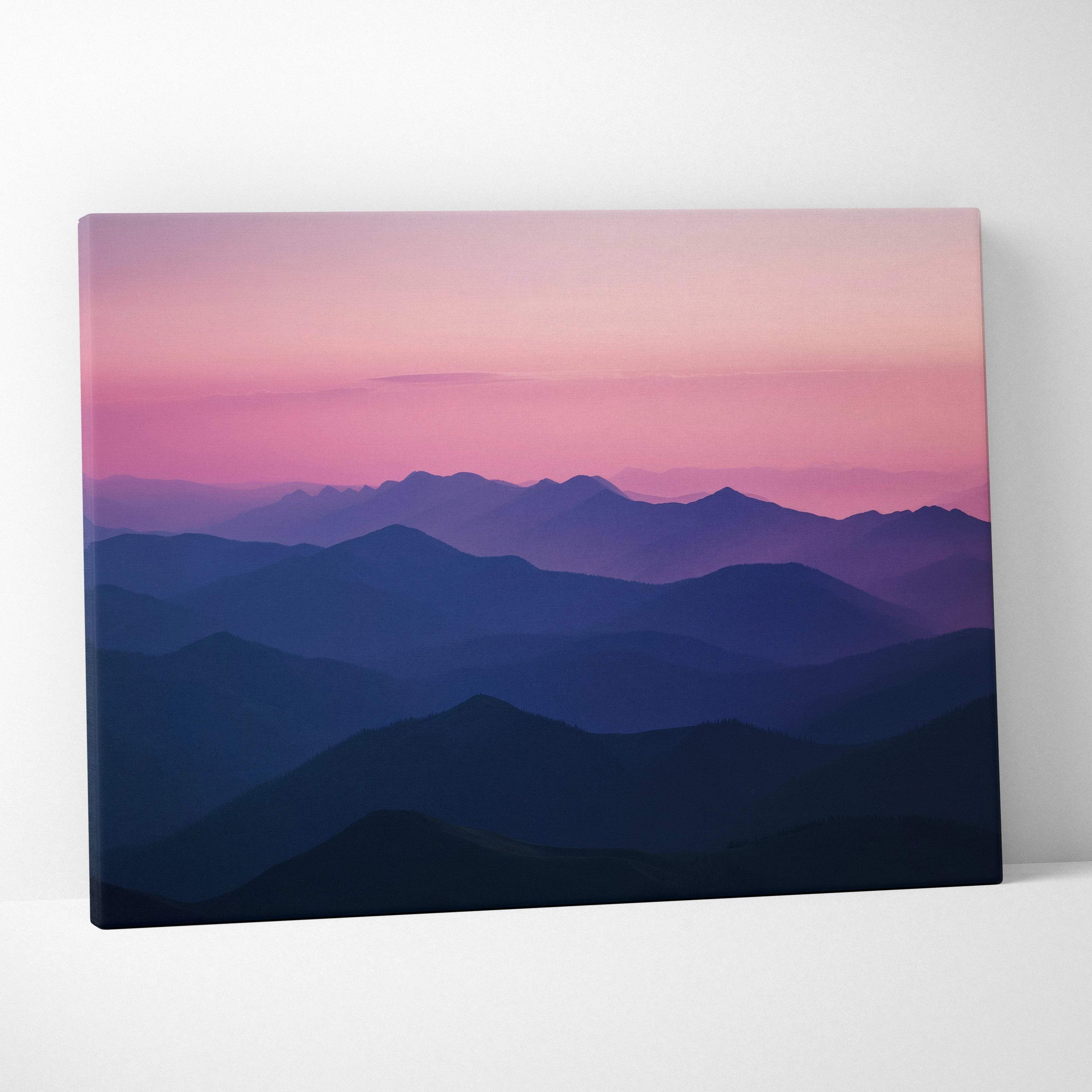 Canvas wall art of serene alpine mountains at twilight with purple sky