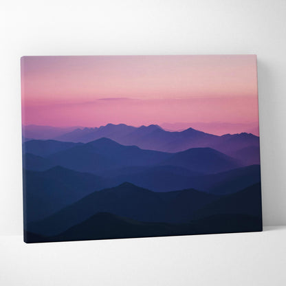 Canvas wall art of serene alpine mountains at twilight with purple sky