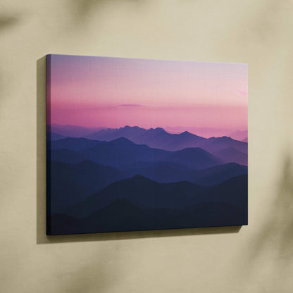 Canvas wall art of serene Alpine mountains at twilight with purple sky