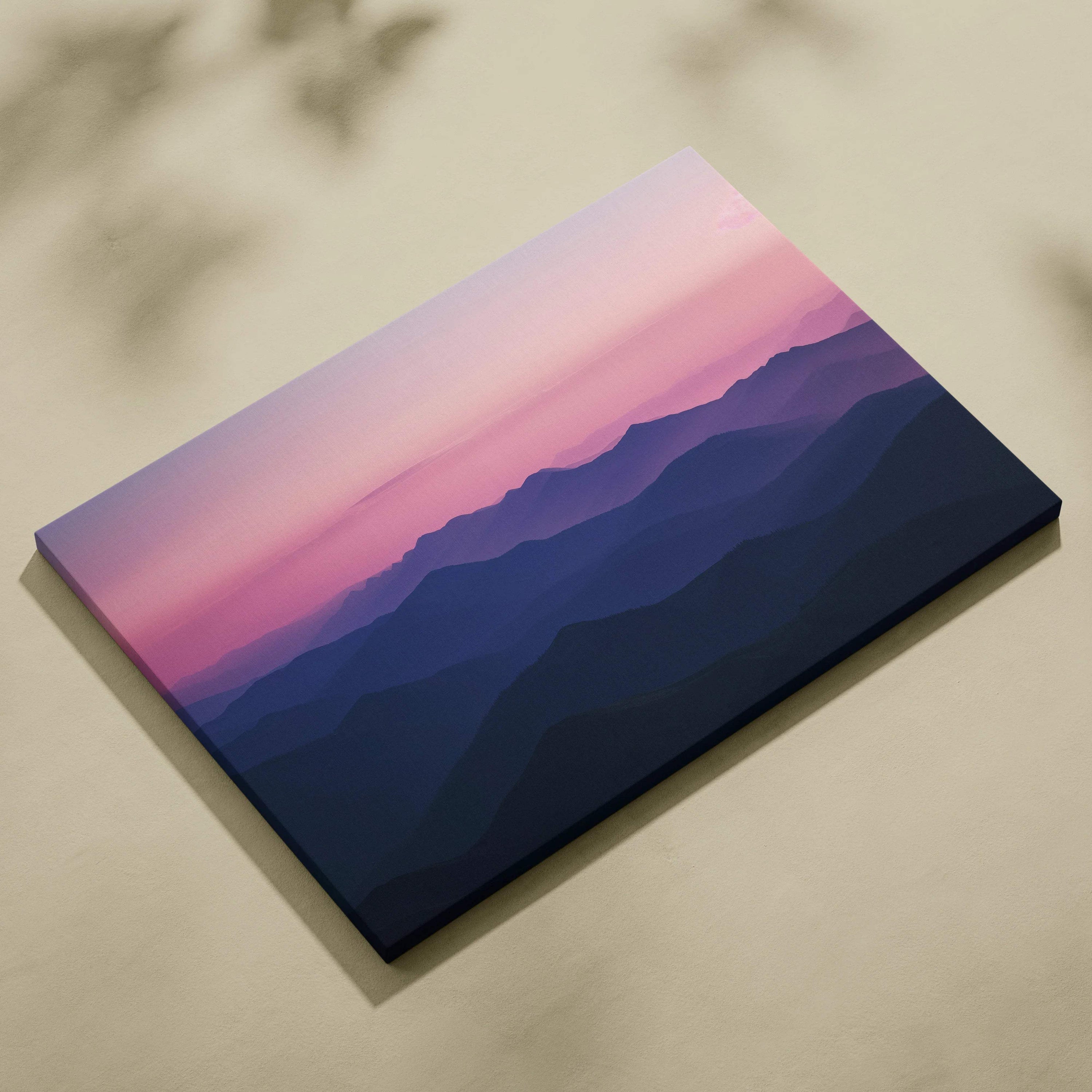 Canvas wall art of alpine mountain landscape with purple twilight sky gradient