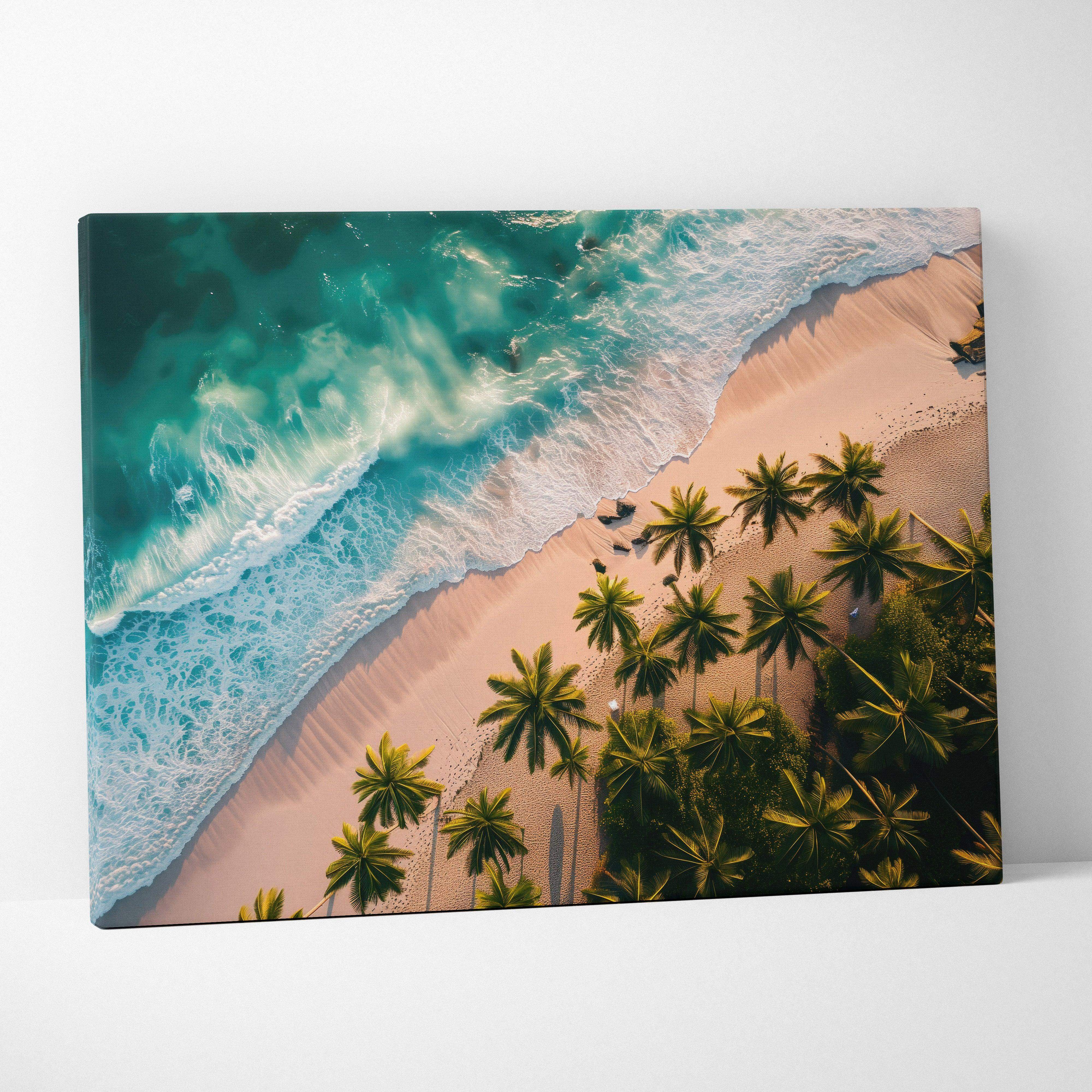 Aerial canvas print of turquoise waves on palm-lined beach
