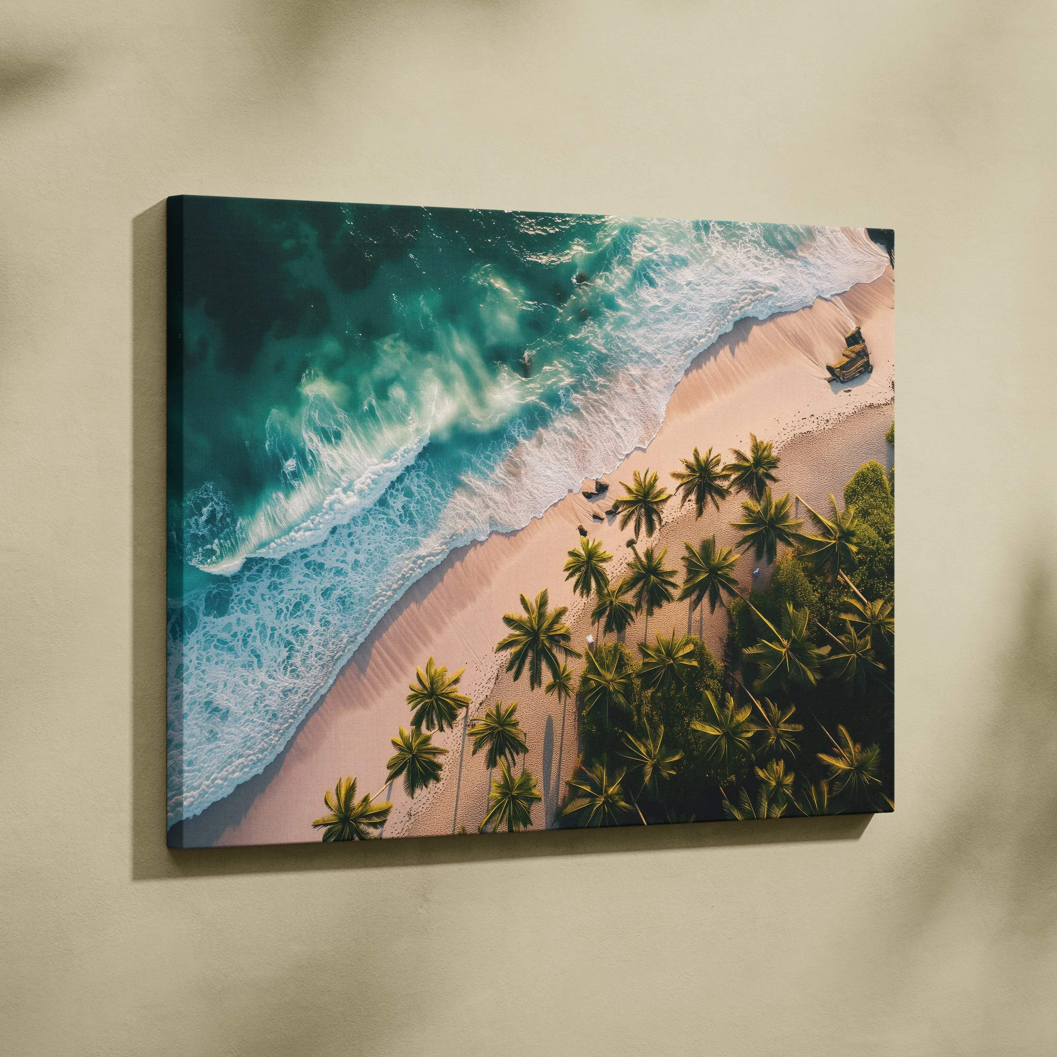 Aerial view canvas print of turquoise waves on palm-lined tropical beach