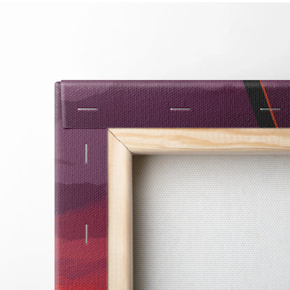 Close-up of wooden frame backing with neatly stapled purple printed canvas wrapped around corner.