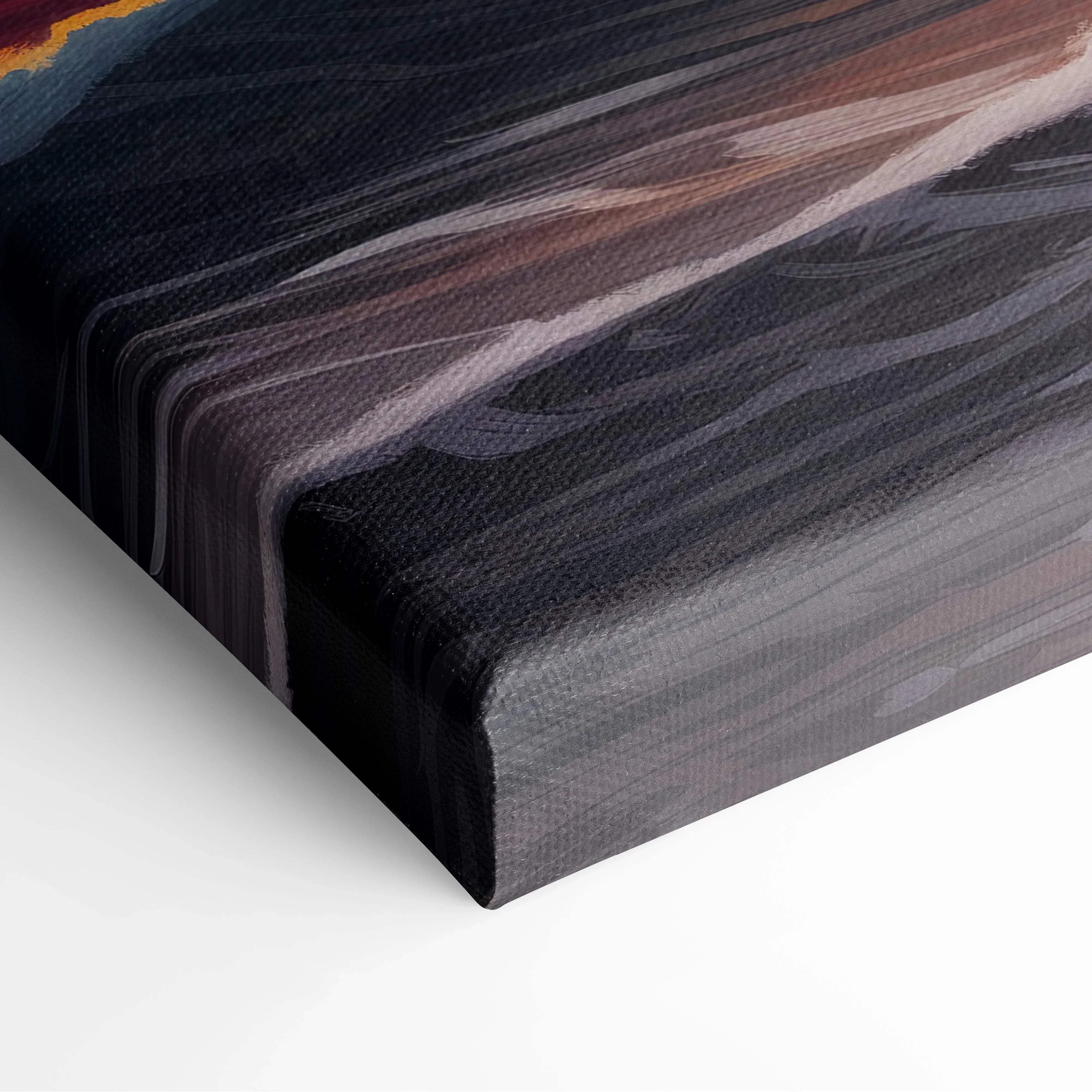 Abstract canvas painting with bold black gray and muted brown brushstrokes on textured fabric for coastal sunset palm trees wall art