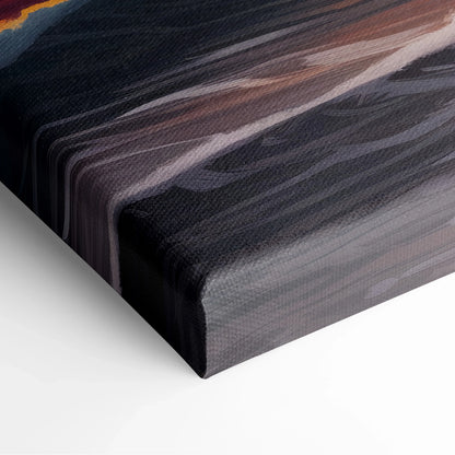 Close-up of stretched canvas wall art with dark beach waves and soft sunlit shore tones in muted colors.