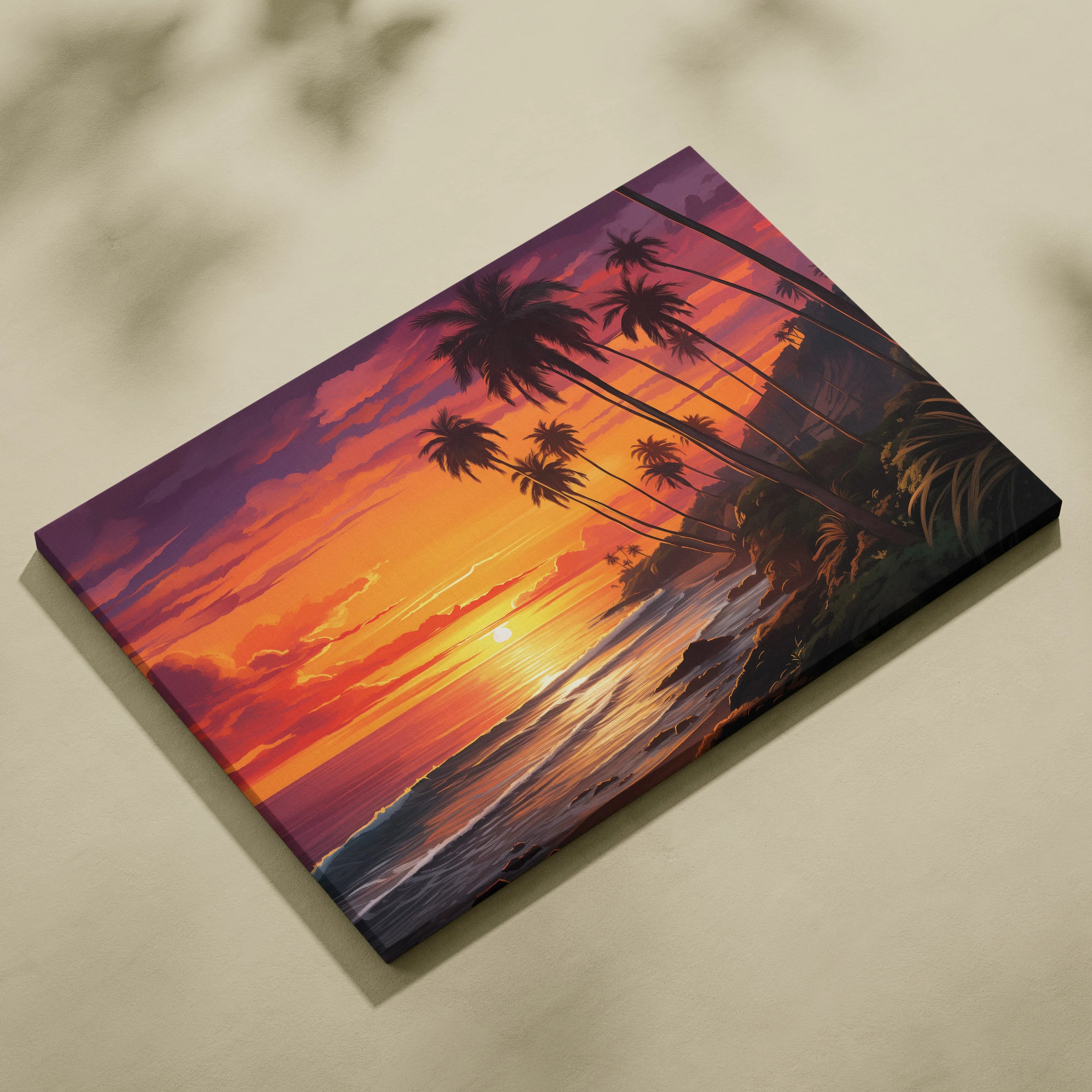 Canvas wall art of a vibrant California beach sunset with tall palm trees and gentle ocean waves.