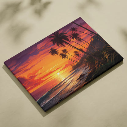 Canvas wall art of a vibrant California beach sunset with tall palm trees and gentle ocean waves.