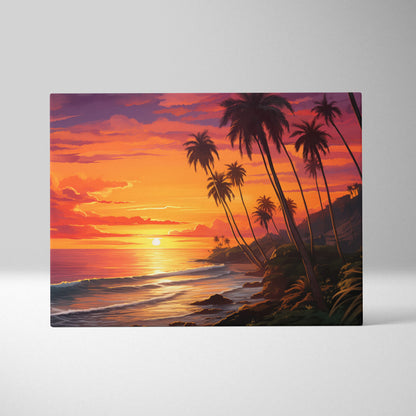 Canvas wall art of a vibrant California beach sunset with orange and purple skies and silhouetted palm trees by the shore.