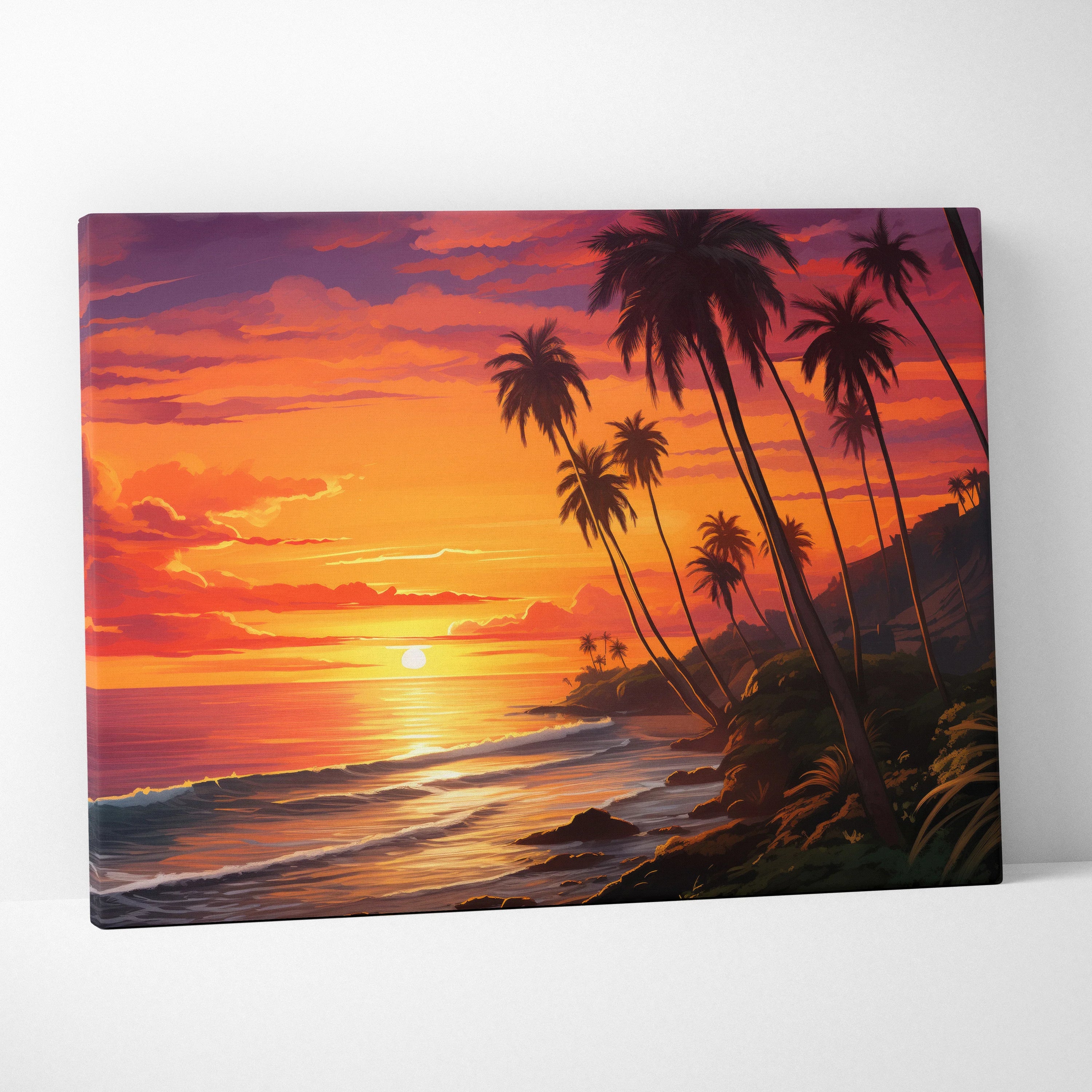 Canvas wall art featuring a vibrant California beach sunset with sunlit waves and silhouetted palm trees.