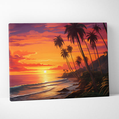 Canvas wall art featuring a vibrant California beach sunset with sunlit waves and silhouetted palm trees.
