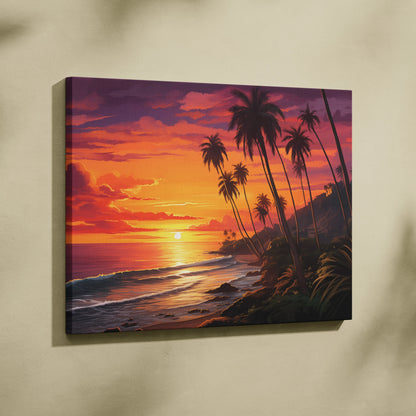 Sunset beach canvas wall art with golden sun, orange sky, palm trees, and crashing waves.
