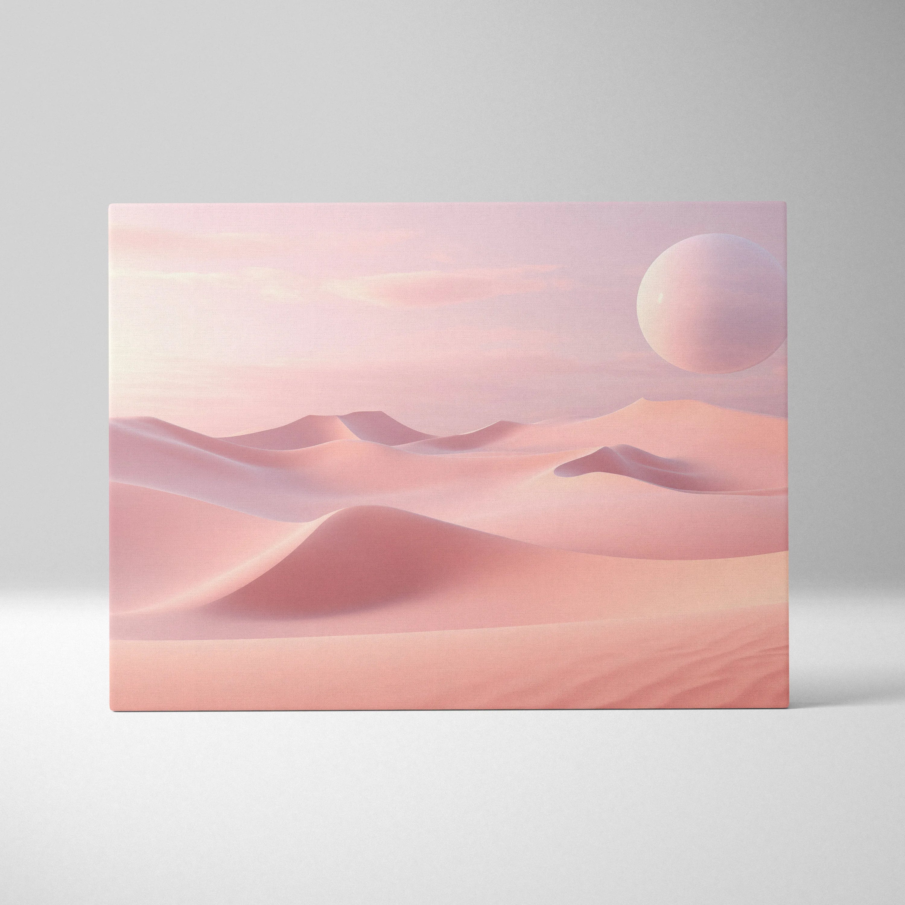 Minimalist pink dunes canvas wall art with smooth sand waves and large celestial sphere decor.