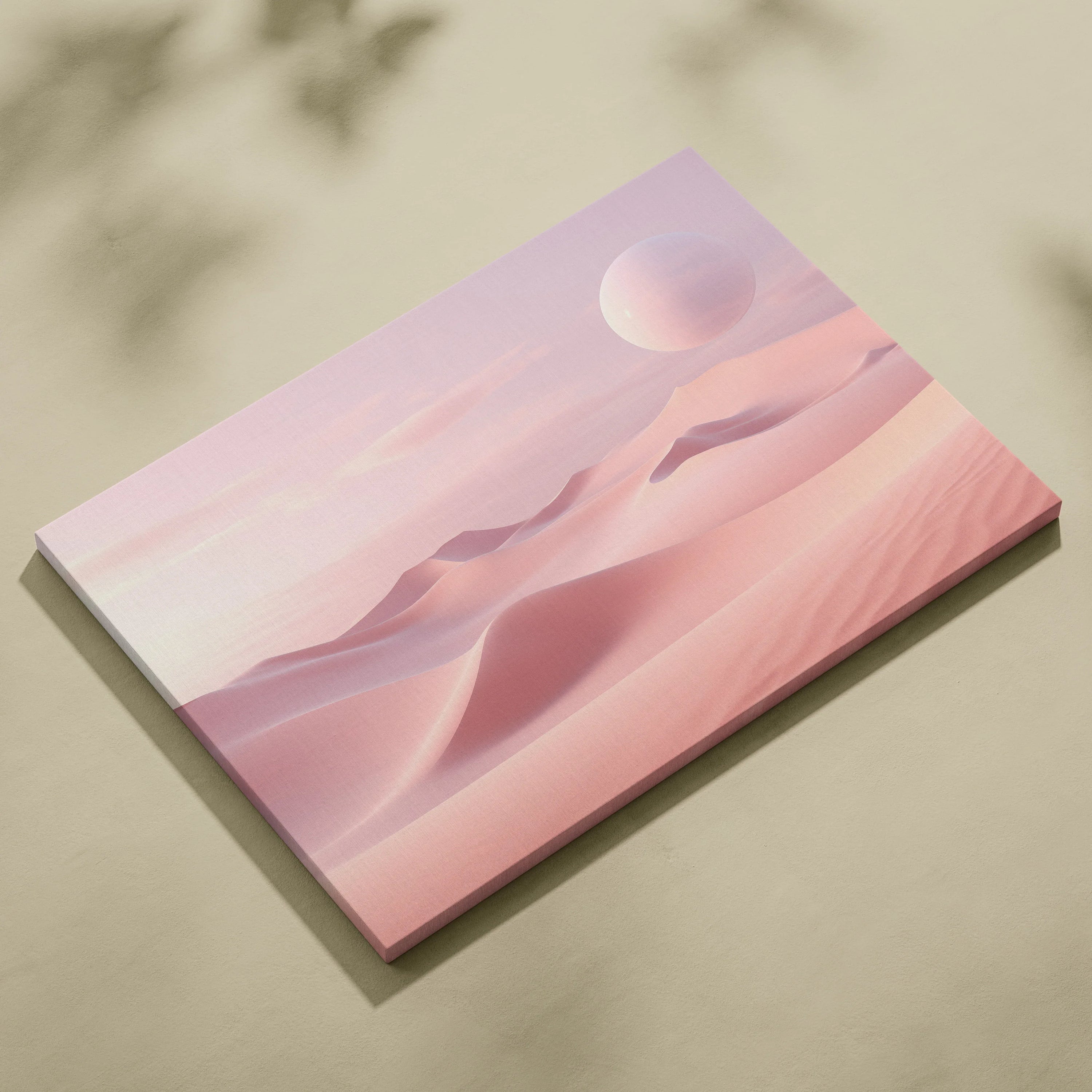 Minimalist canvas wall art featuring soft pink sand dunes and a pastel pink sun in a high-resolution digital design.
