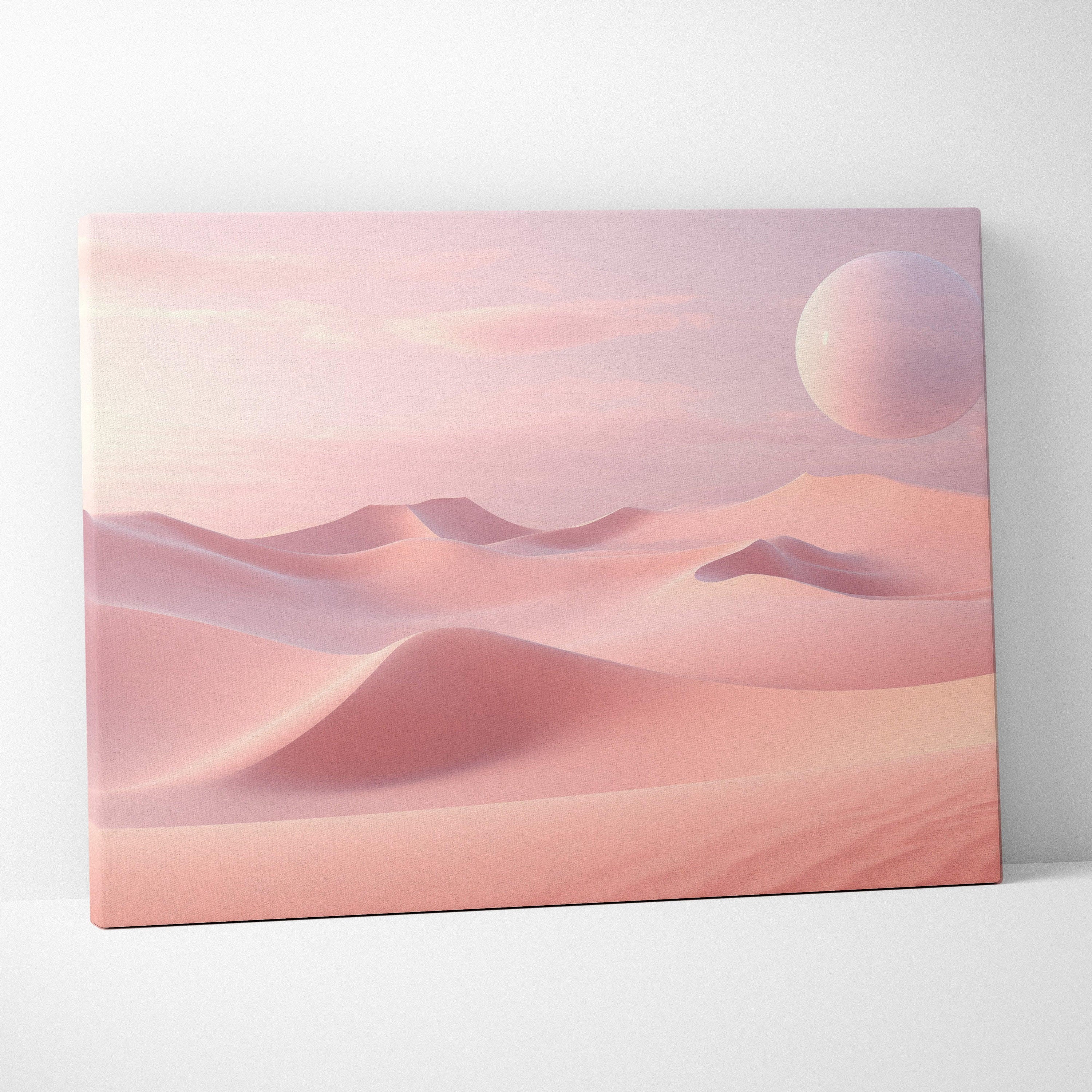 Minimalist pink sand dunes canvas wall art with soft pastel sky and large pale moon decor.