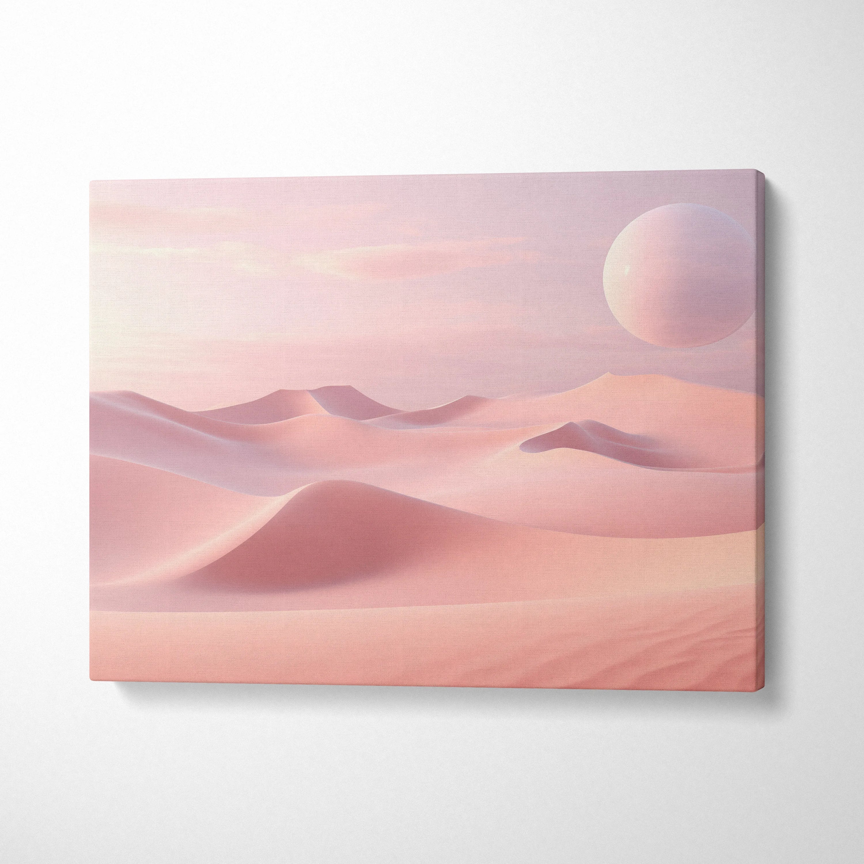 Pink dunes minimalist landscape canvas wall art with large planet in soft sunset sky decor.