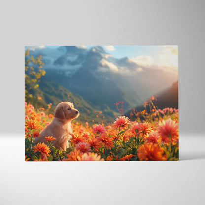 Golden retriever puppy in meadow flowers on misty mountains canvas art