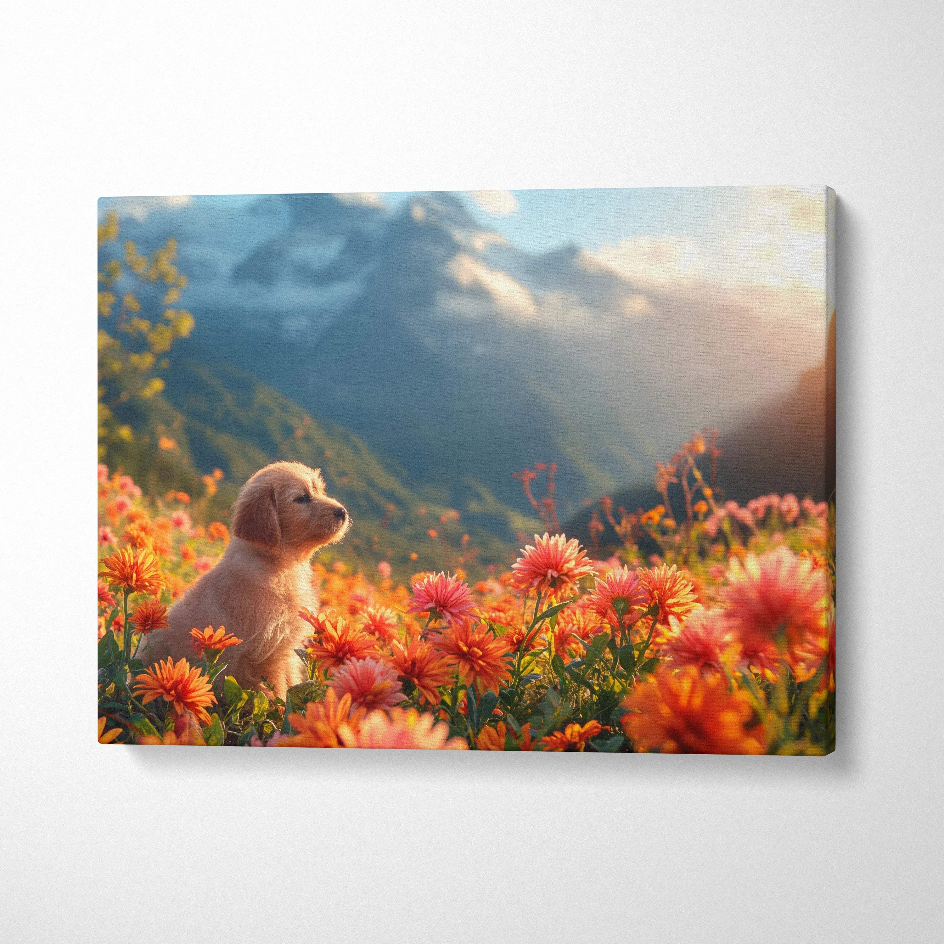 Fluffy golden puppy in orange pink flowers, misty mountains, canvas wall art