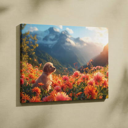 Fluffy golden puppy in orange pink meadow flowers with snowy mountains canvas art