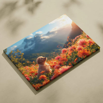 Canvas print of fluffy golden puppy in orange pink meadow flowers on mountains
