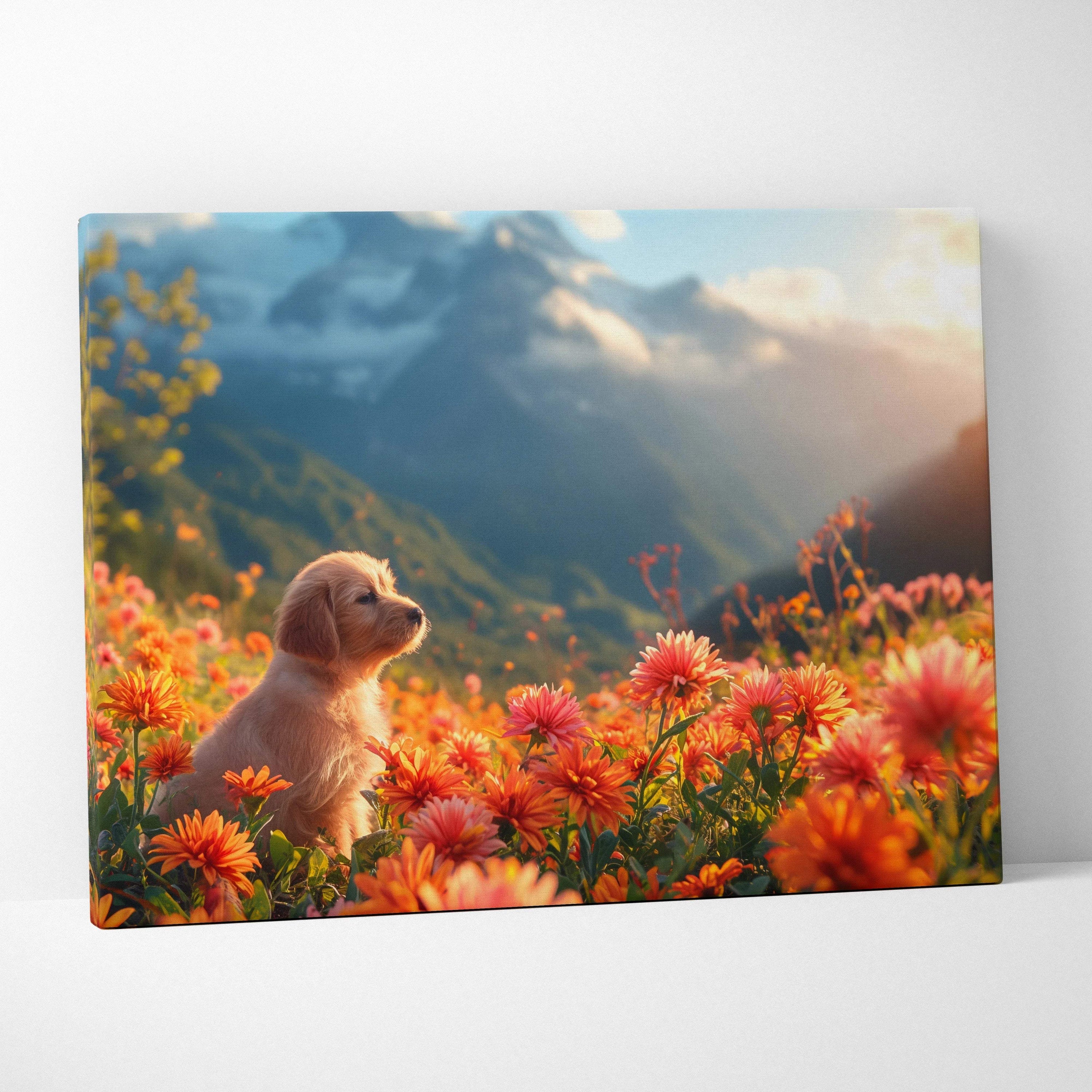 Fluffy golden puppy in orange pink meadow flowers, misty mountains, canvas art